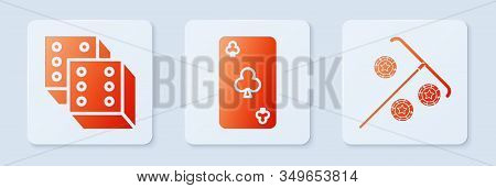 Set Playing Card With Clubs Symbol, Game Dice And Stick For Chips. White Square Button. Vector