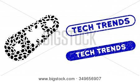 Mosaic Shiftless Transmission And Grunge Stamp Seals With Tech Trends Phrase. Mosaic Vector Shiftles