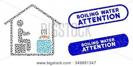 Mosaic Sauna Client And Corroded Stamp Seals With Boiling Water Attention Caption. Mosaic Vector Sau
