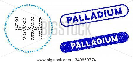 Mosaic Gear Box And Corroded Stamp Seals With Palladium Text. Mosaic Vector Gear Box Is Formed With 