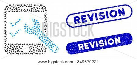 Collage Smartphone Options And Rubber Stamp Seals With Revision Caption. Mosaic Vector Smartphone Op