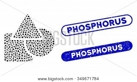Collage Geometric Shapes And Distressed Stamp Seals With Phosphorus Text. Mosaic Vector Geometric Sh