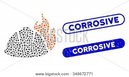 Mosaic Fire Helmet And Distressed Stamp Seals With Corrosive Phrase. Mosaic Vector Fire Helmet Is Co
