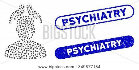 Mosaic Psychiatry Hands And Rubber Stamp Seals With Psychiatry Caption. Mosaic Vector Psychiatry Han