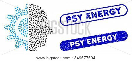 Collage Cyborg Head And Grunge Stamp Seals With Psy Energy Caption. Mosaic Vector Cyborg Head Is For