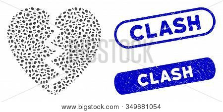 Mosaic Broken Heart And Corroded Stamp Seals With Clash Caption. Mosaic Vector Broken Heart Is Compo