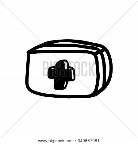 First Aid Kit Doctor Bag In Hand Drawn Doodle Style Isolated On White Background. Vector Stock Outli