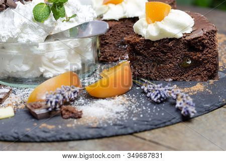 Creamy Chocolate Cake With Apricot Jam And Whipped Cream, Peace Of Sacher Cake