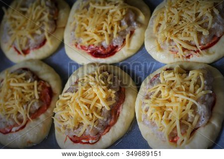 Raw Homemade Pizza With Meat. Raw Pastry. Semiproduct