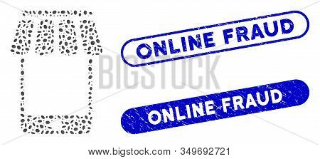 Mosaic Webstore And Rubber Stamp Seals With Online Fraud Caption. Mosaic Vector Webstore Is Formed W