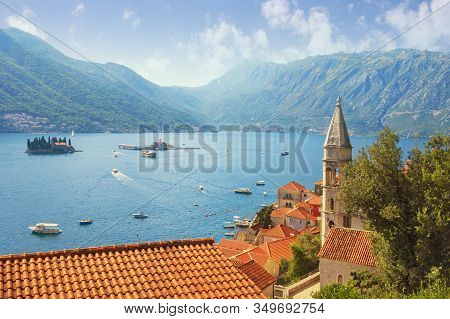 Beautiful Mediterranean Landscape. Montenegro, Adriatic Sea, Bay Of Kotor. View Of Perast Town: Red 