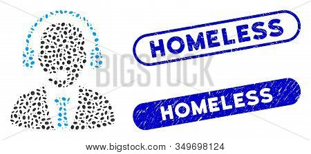 Mosaic Call Center And Distressed Stamp Seals With Homeless Text. Mosaic Vector Call Center Is Compo