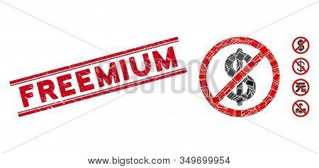Mosaic Freemium Pictogram And Red Freemium Seal Between Double Parallel Lines. Flat Vector Freemium 