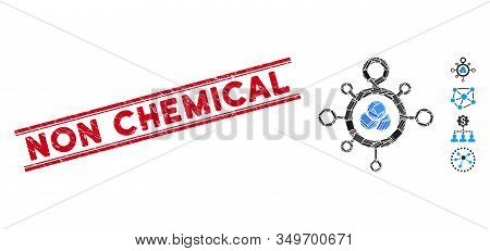 Mosaic Molecule Pictogram And Red Non Chemical Seal Stamp Between Double Parallel Lines. Flat Vector