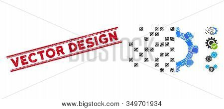 Mosaic Gear Synthesis Pictogram And Red Vector Design Seal Between Double Parallel Lines. Flat Vecto