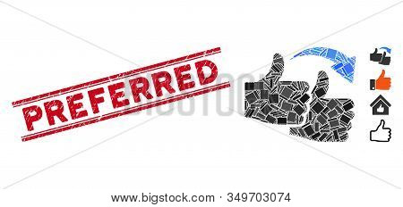 Mosaic Like For Like Icon And Red Preferred Watermark Between Double Parallel Lines. Flat Vector Lik