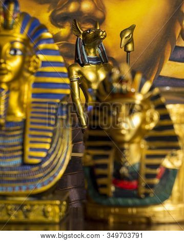 Still Life Of Statues Of Mythology Jackal Anubis Inpu Anup And King Pharaoh Tutankhamun