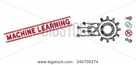 Mosaic Machine Learning Icon And Red Machine Learning Rubber Print Between Double Parallel Lines. Fl