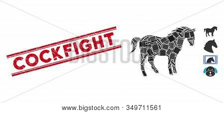 Mosaic Horse Pictogram And Red Cockfight Stamp Between Double Parallel Lines. Flat Vector Horse Mosa