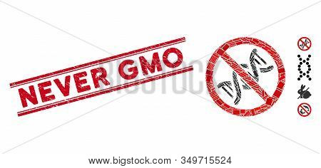 Mosaic No Dna Helix Icon And Red Never Gmo Stamp Between Double Parallel Lines. Flat Vector No Dna H