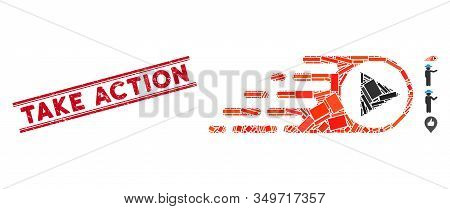 Mosaic Rush Right Direction Icon And Red Take Action Stamp Between Double Parallel Lines. Flat Vecto
