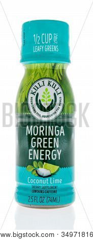 Winneconne, Wi - 1 February 2020 : A Bottle Of Kuli Kuli Moringa Green Energy Drink On An Isolated B