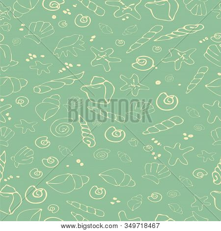 Vector Seamless Pattern Of Seashells And Starfish. Stock Illustration.