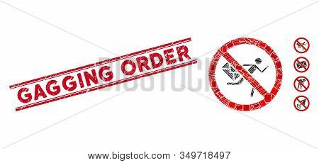 Mosaic No Mail Courier Icon And Red Gagging Order Watermark Between Double Parallel Lines. Flat Vect