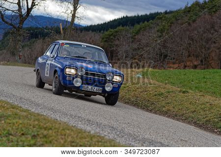 Lamastre, France, February 2, 2020 : Historic Monte-carlo Rally Runs On The Roads Of South Of France