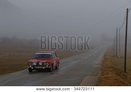 Vassieux-en-vercors, France, February 3, 2020 : Historic Monte-carlo Rally Runs On The Roads Of Sout