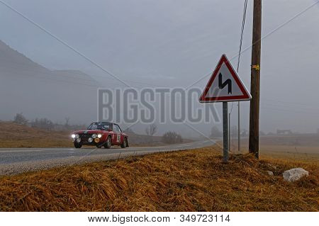 Vassieux-en-vercors, France, February 3, 2020 : Historic Monte-carlo Rally Runs On The Roads Of Sout