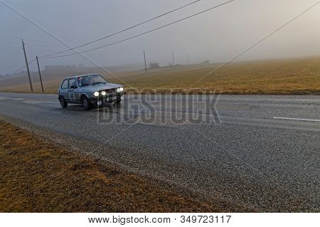 Vassieux-en-vercors, France, February 3, 2020 : Historic Monte-carlo Rally Runs On The Roads Of Sout