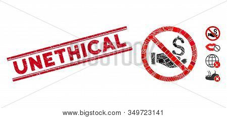 Mosaic No Donation Icon And Red Unethical Rubber Print Between Double Parallel Lines. Flat Vector No