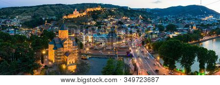 The Evening Panorama Of The Old Town In The Old District Of Avlabari, Holy Trinity Cathedral And Rik