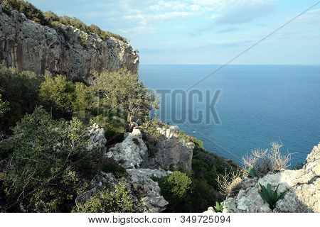 High Impregnable Plateau With Mountain Vegetation On Top And Slopes And Calm Sea Far And Down On Sky