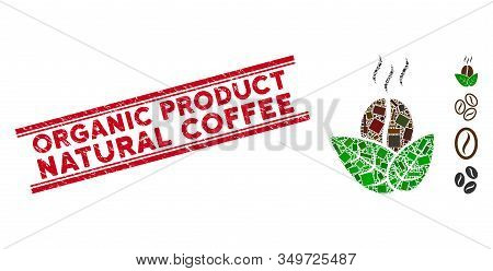 Mosaic Organic Coffee Pictogram And Red Organic Product Natural Coffee Seal Between Double Parallel 
