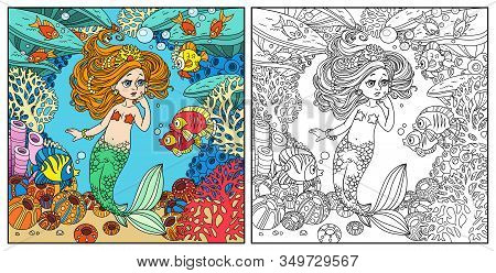Cartoon Little Mermaid Girl Amazement Communicates With The Fish On Underwater World Frame With Cora