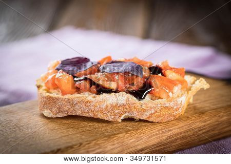 Bruschetta With Tomato And Basil, Bruscetta With Salmon And Eggs, Bruscetta With Prosceutto And Ruco