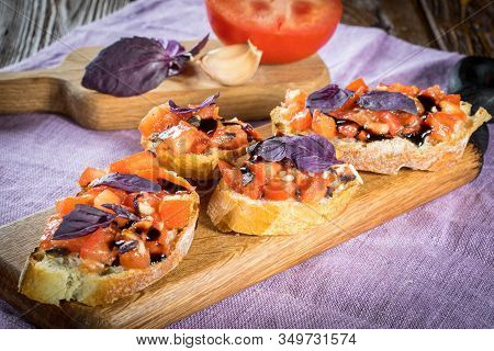 Bruschetta With Tomato And Basil, Bruscetta With Salmon And Eggs, Bruscetta With Prosceutto And Ruco