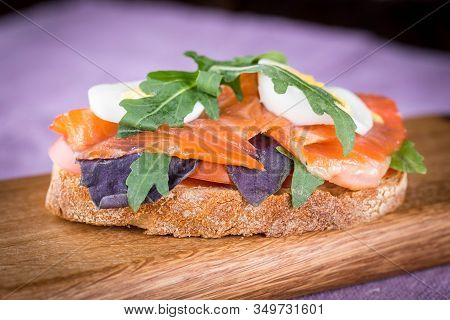 Bruschetta With Tomato And Basil, Bruscetta With Salmon And Eggs, Bruscetta With Prosceutto And Ruco