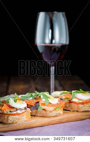 Bruschetta With Tomato And Basil, Bruscetta With Salmon And Eggs, Bruscetta With Prosceutto And Ruco