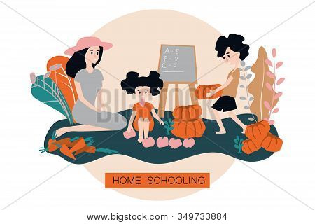 Home Schooling. Education Apps. A Boy And A Girl Together With Their Mother Harvest Vegetables And L