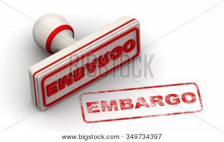 Embargo. The Seal. The White Seal And Red Imprint Embargo (russian Language) On White Surface. 3d Il