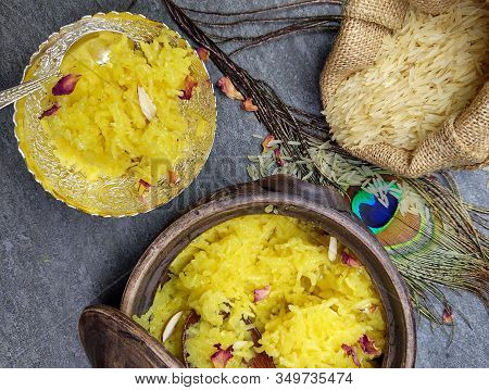 Top Down View Of Zarda Pulao Or Sweet Rice Or Meethe Chawal