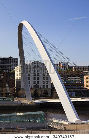 Gateshead, England - May 16:  Gateshead Millennium Bridge Which Connects Gateshead And Newcastle Upo