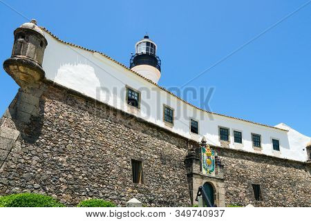 Farol Da Barra, Barra Lighthouse, In Salvador, Bahia, Brazil. The Historic Architecture Of Salvador 