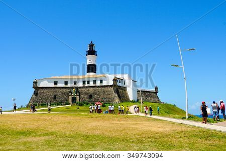 Farol Da Barra, Barra Lighthouse, In Salvador, Bahia, Brazil. The Historic Architecture Of Salvador 