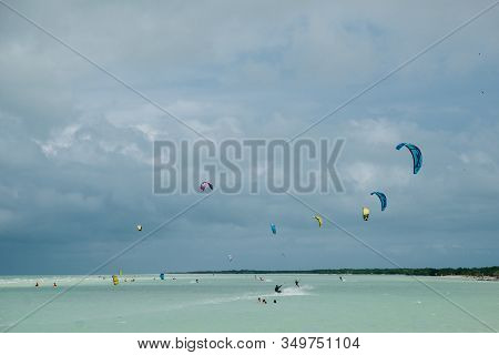Mexico, Island Holbox - February 2020 Kite Surfing At Holbox Island In The Caribbean Sea