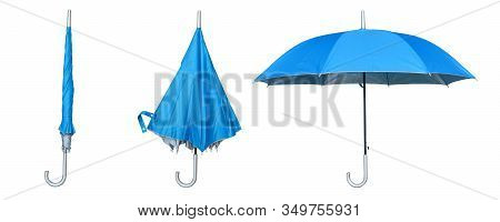 Set Of Blue Umbrella Isolated On A White Background. Step To Open The Umbrella