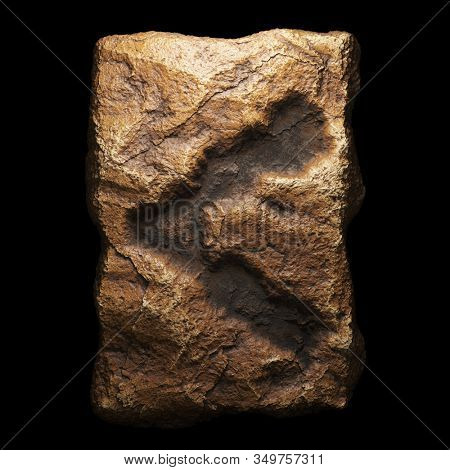 Rocky symbol left angle bracket. Font of stone isolated on black background. 3d rendering